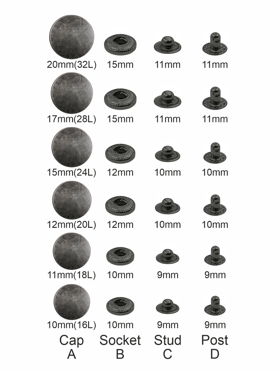 Standard-Quality Pewter Silver 4-Part Metal Snap Buttons for Leather, Jackets, DIY