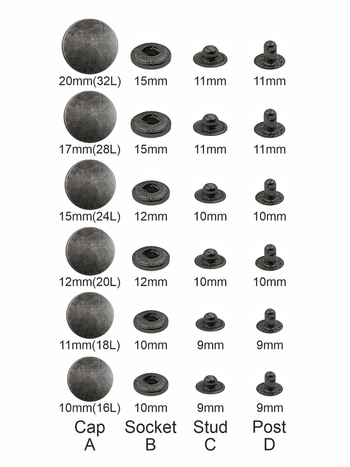 Standard-Quality Pewter Silver 4-Part Metal Snap Buttons for Leather, Jackets, DIY