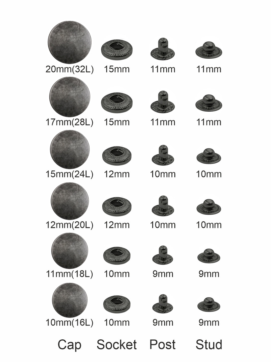 Standard-Quality Pewter Silver 4-Part Metal Snap Buttons for Leather, Jackets, DIY