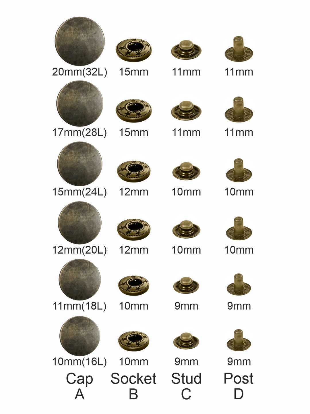 Standard-Quality Antique Brass 4-Part Metal Snap Buttons for Leather, Jackets, DIY