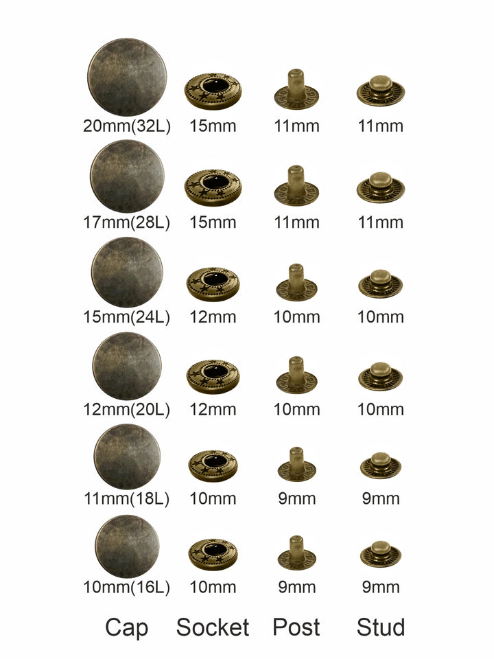 Standard-Quality Antique Brass 4-Part Metal Snap Buttons for Leather, Jackets, DIY