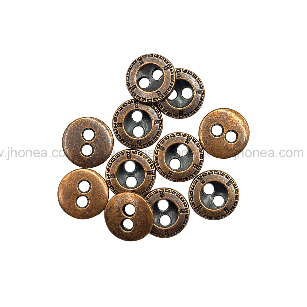 Engraved Rim 2-Hole Round Shape Antique Brass Shirt/Kurta Metal Buttons