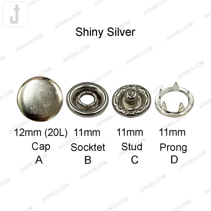 Round Smooth Shiny Silver 4-Part Prong Snap Button
