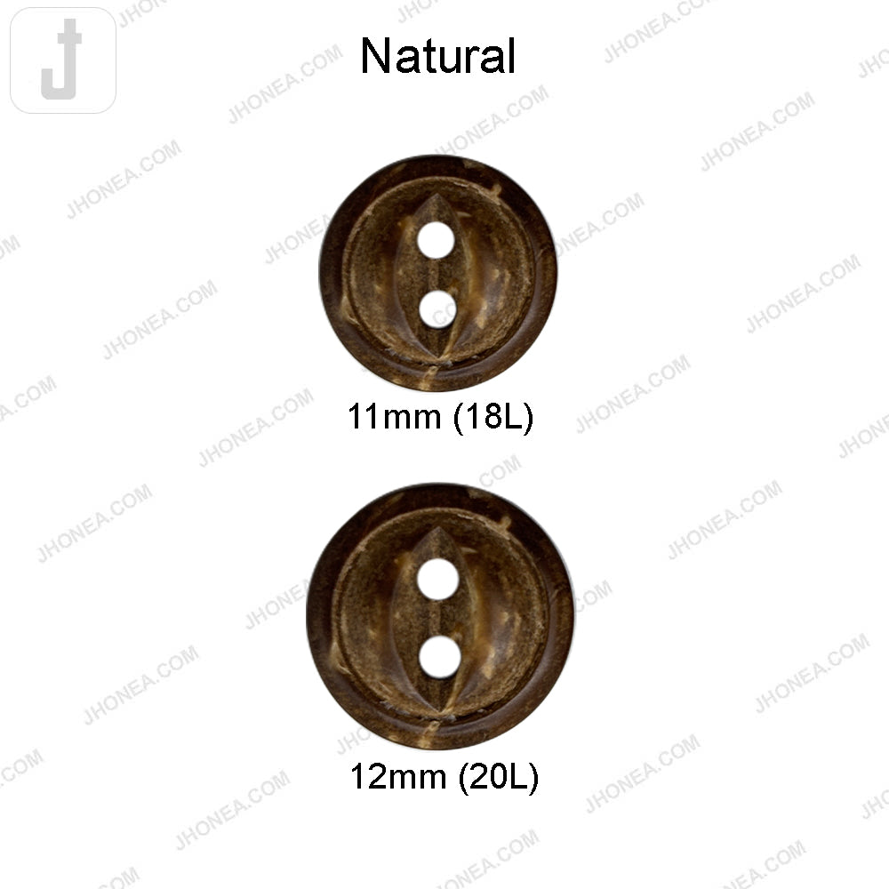 Decorative Round Coco Shell 2 Hole Button with Leaf Center Detail