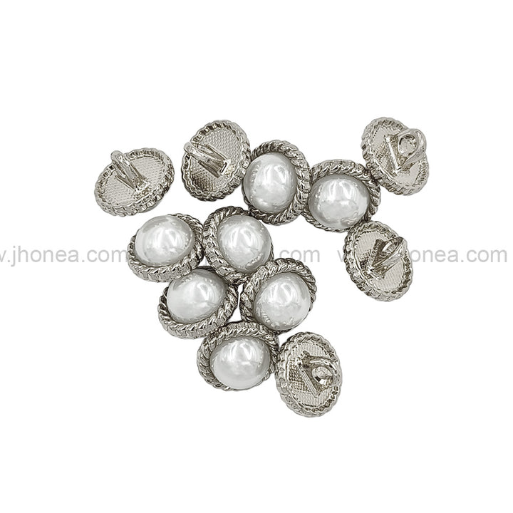 Shiny Silver Round Shape Engraved Rim Pearl Metal Button