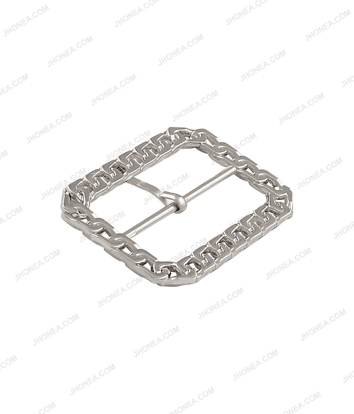 Rounded Rectangle Shiny Frame Chain Design Prong Belt Buckle