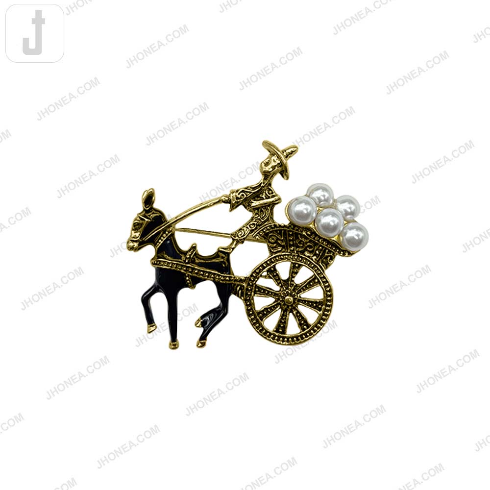 Antique Gold Horse Cart Pearl Brooch Pin