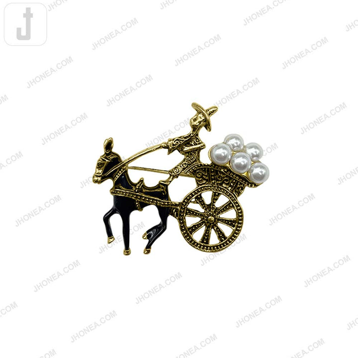 Antique Gold Horse Cart Pearl Brooch Pin