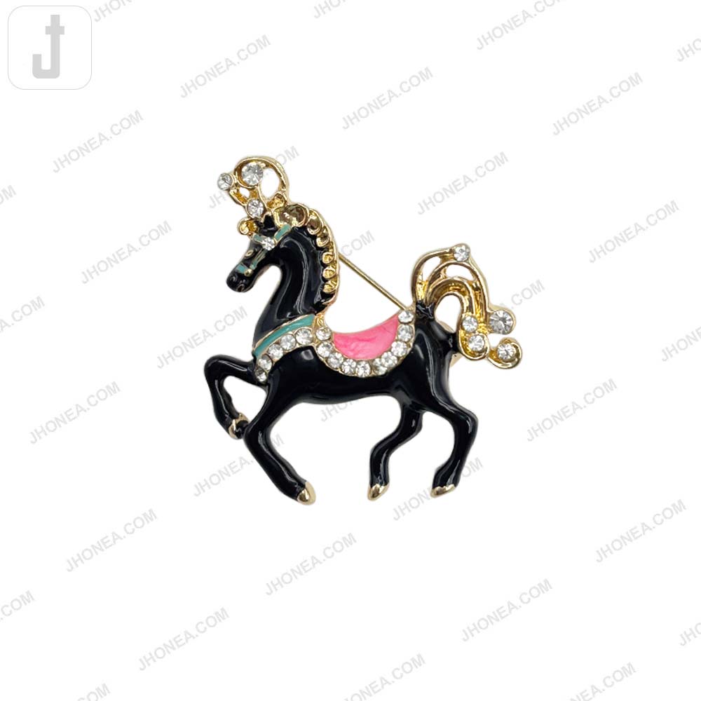Elegant Black Enamel Diamond Horse Brooch Pin