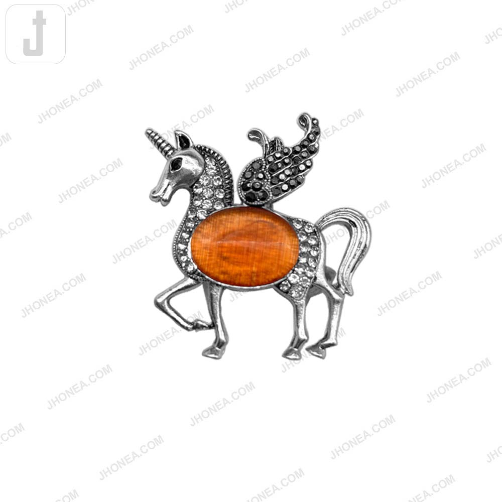 Vintage Inspired Unicorn Brooch Pin with Amber Stone Center and Rhinestone Accents