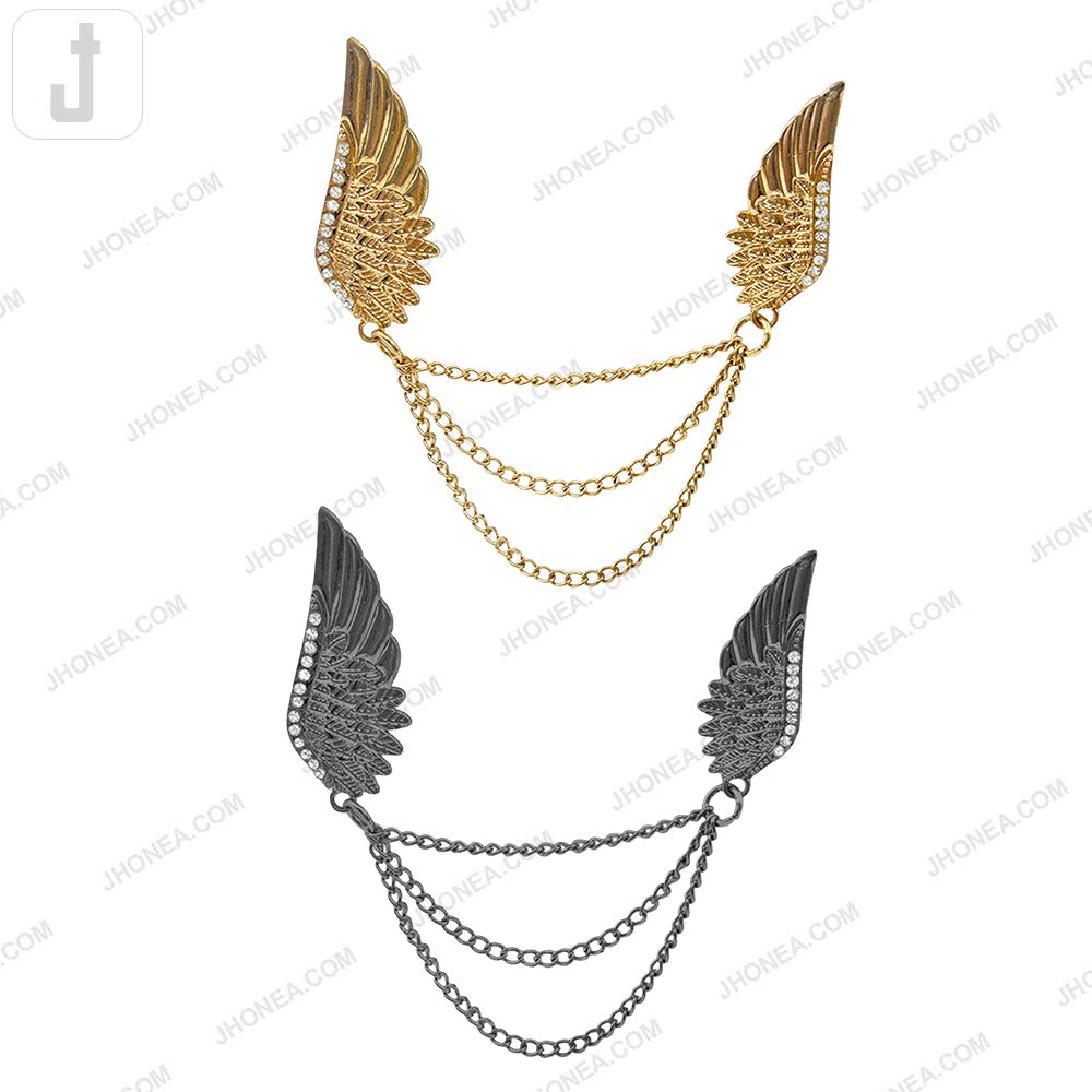 Elegant Triple Chain Hanging Wing Brooch with Crystal Accents in Black Nickel Gunmetal Finish