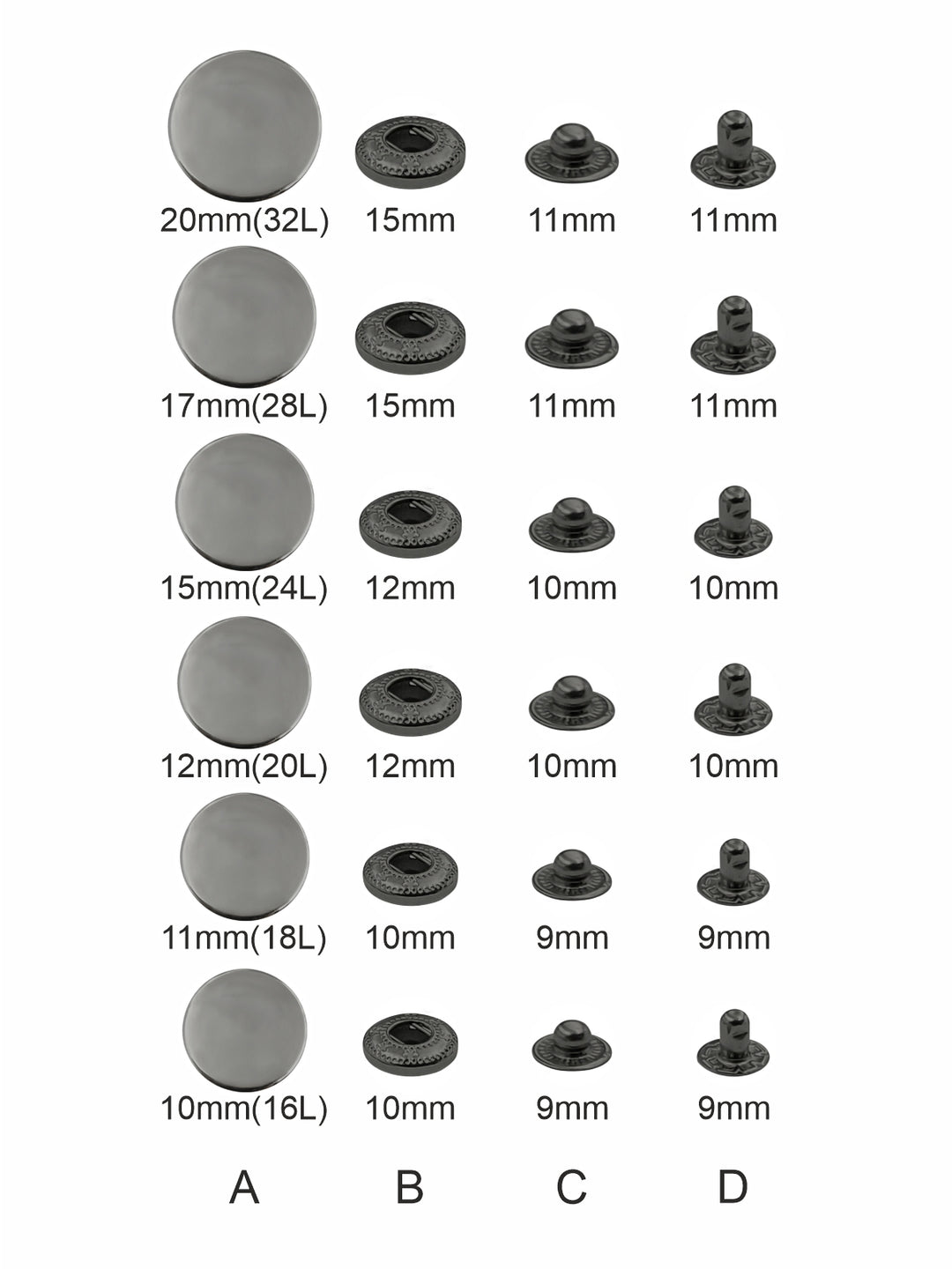 Gunmetal 4-Part Metal Snap Buttons Standard Quality Fasteners for Shirts/Coats