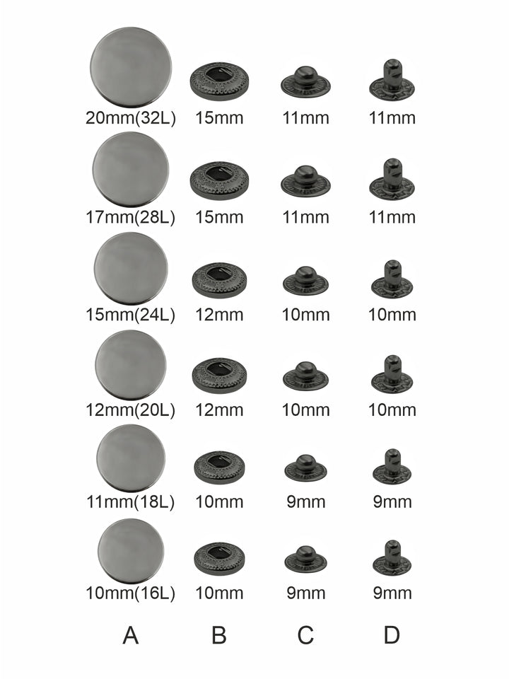 Gunmetal 4-Part Metal Snap Buttons Standard Quality Fasteners for Shirts/Coats