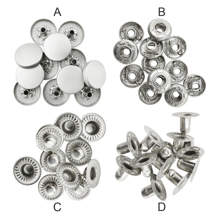 Matte silver 4-part metal snap button fastener set including cap, socket, stud, and post in various sizes – ideal for jackets, bags, baby clothing, leather crafts, and more