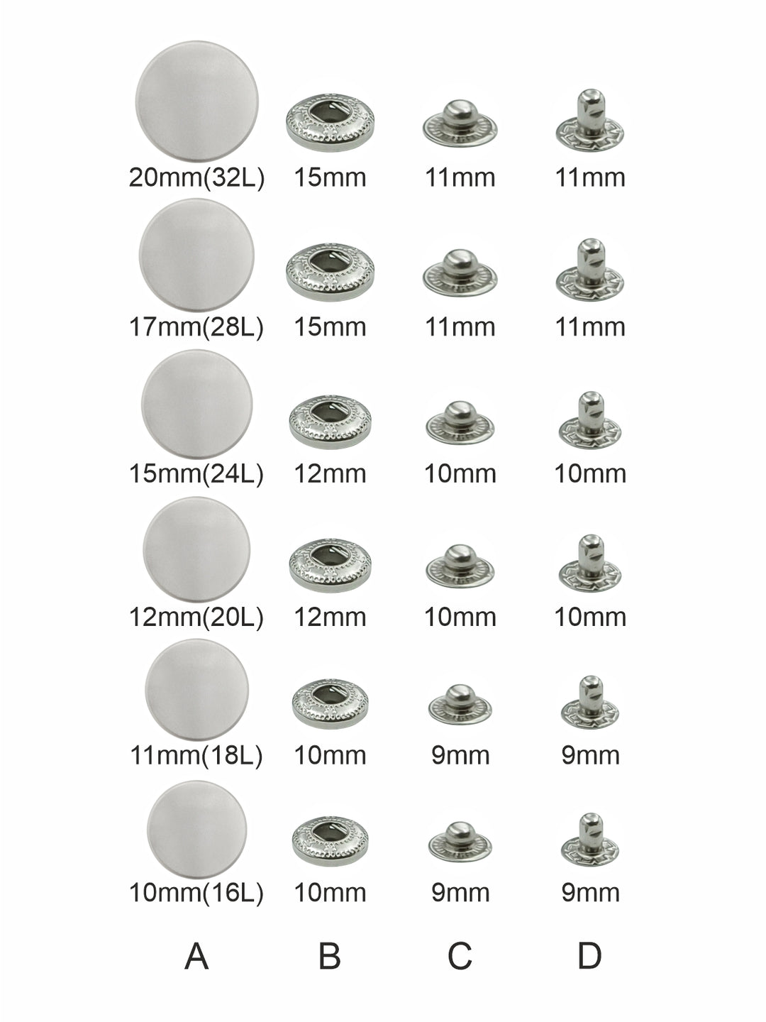 Matte Silver 4-Part Metal Snap Buttons Standard Quality Fasteners for Shirts/Coats