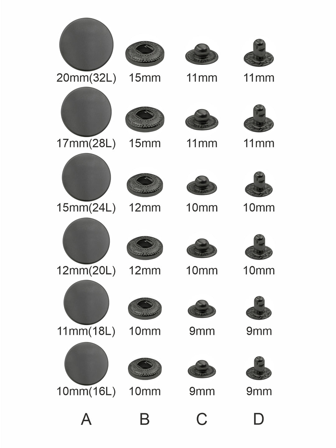 Matte Dark Grey 4-Part Metal Snap Buttons Standard Quality Fasteners for Shirts/Coats