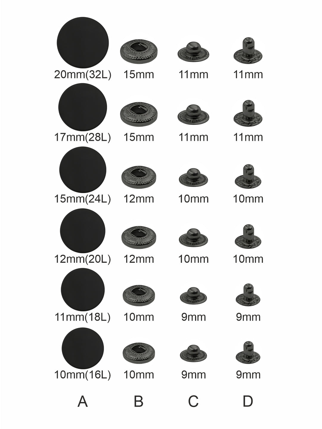 Matte Black 4-Part Metal Snap Buttons Standard Quality Fasteners for Shirts/Coats