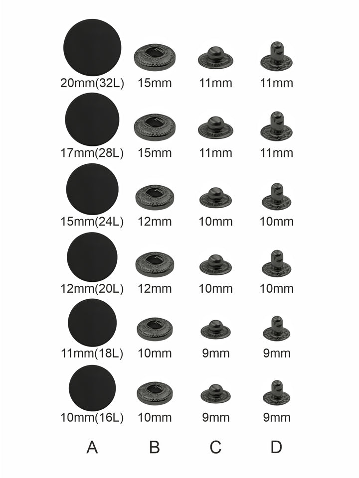 Matte Black 4-Part Metal Snap Buttons Standard Quality Fasteners for Shirts/Coats