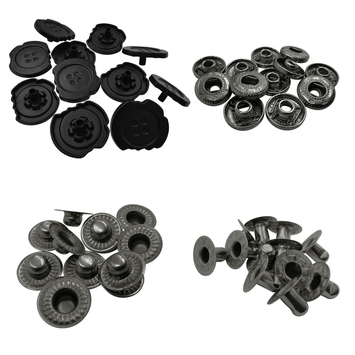 Black Designer Uneven 4-Part Metal Snap Button Fasteners for Leather Jackets