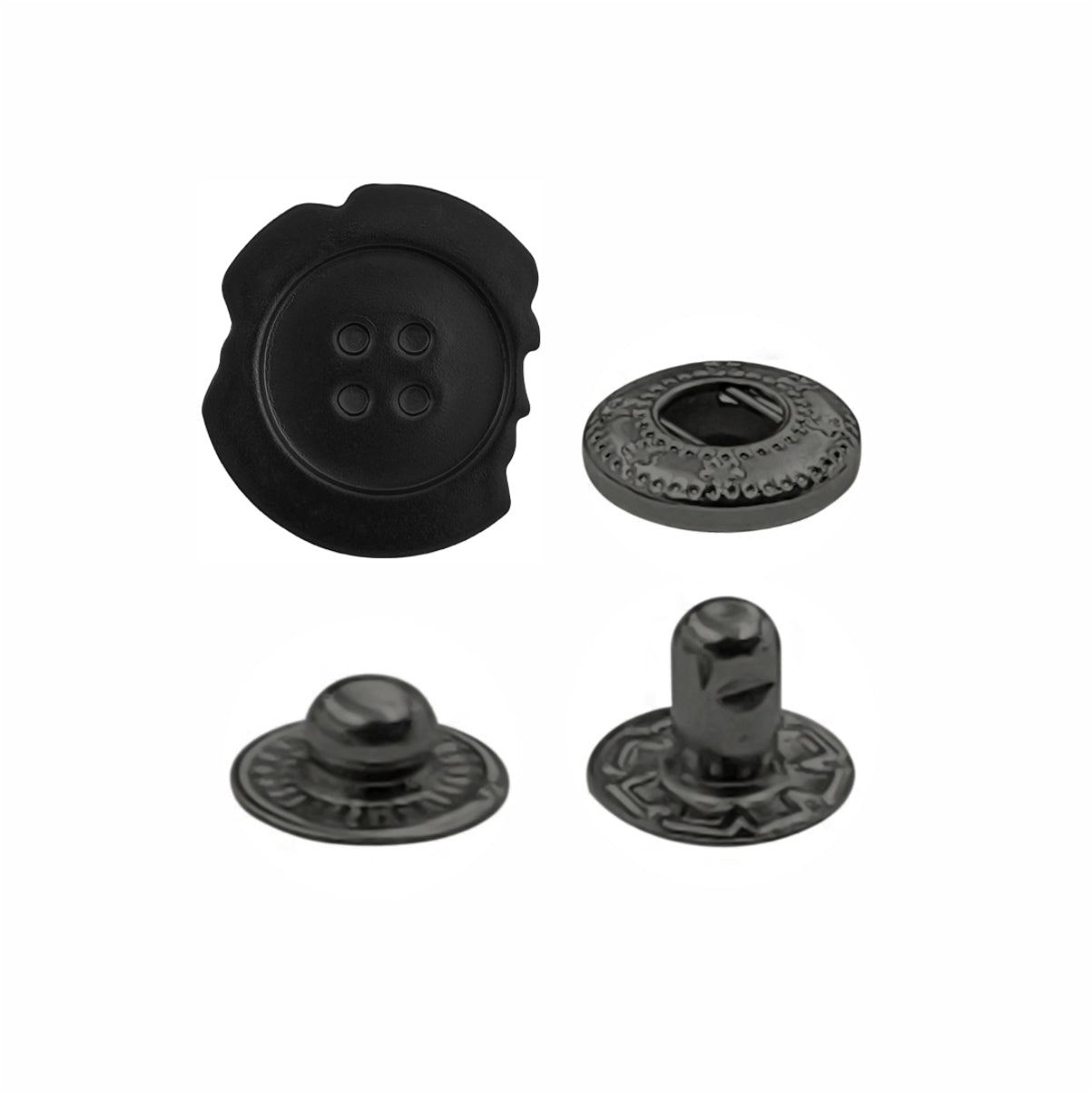 Black Designer Uneven 4-Part Metal Snap Button Fasteners for