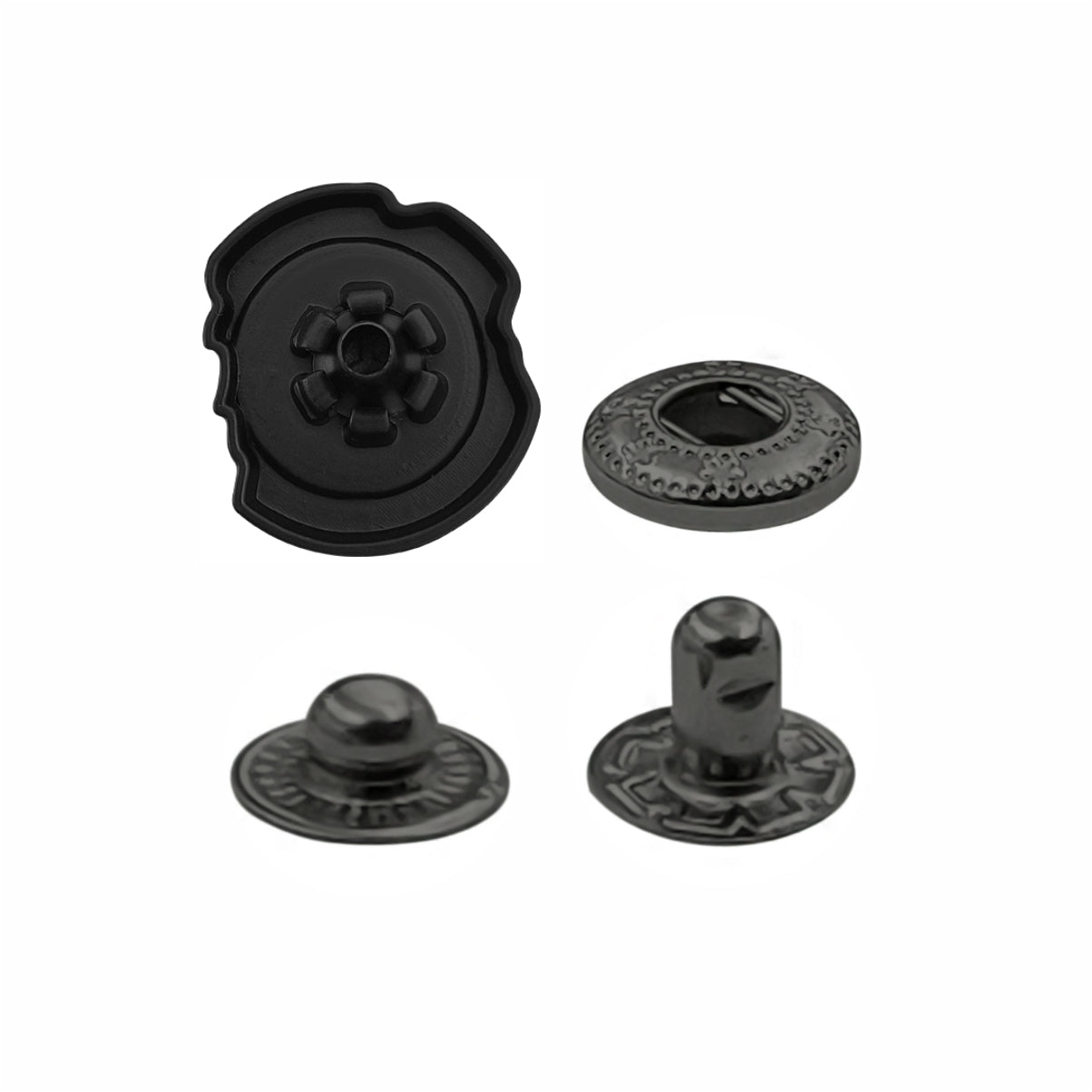 Black Designer Uneven 4-Part Metal Snap Button Fasteners for
