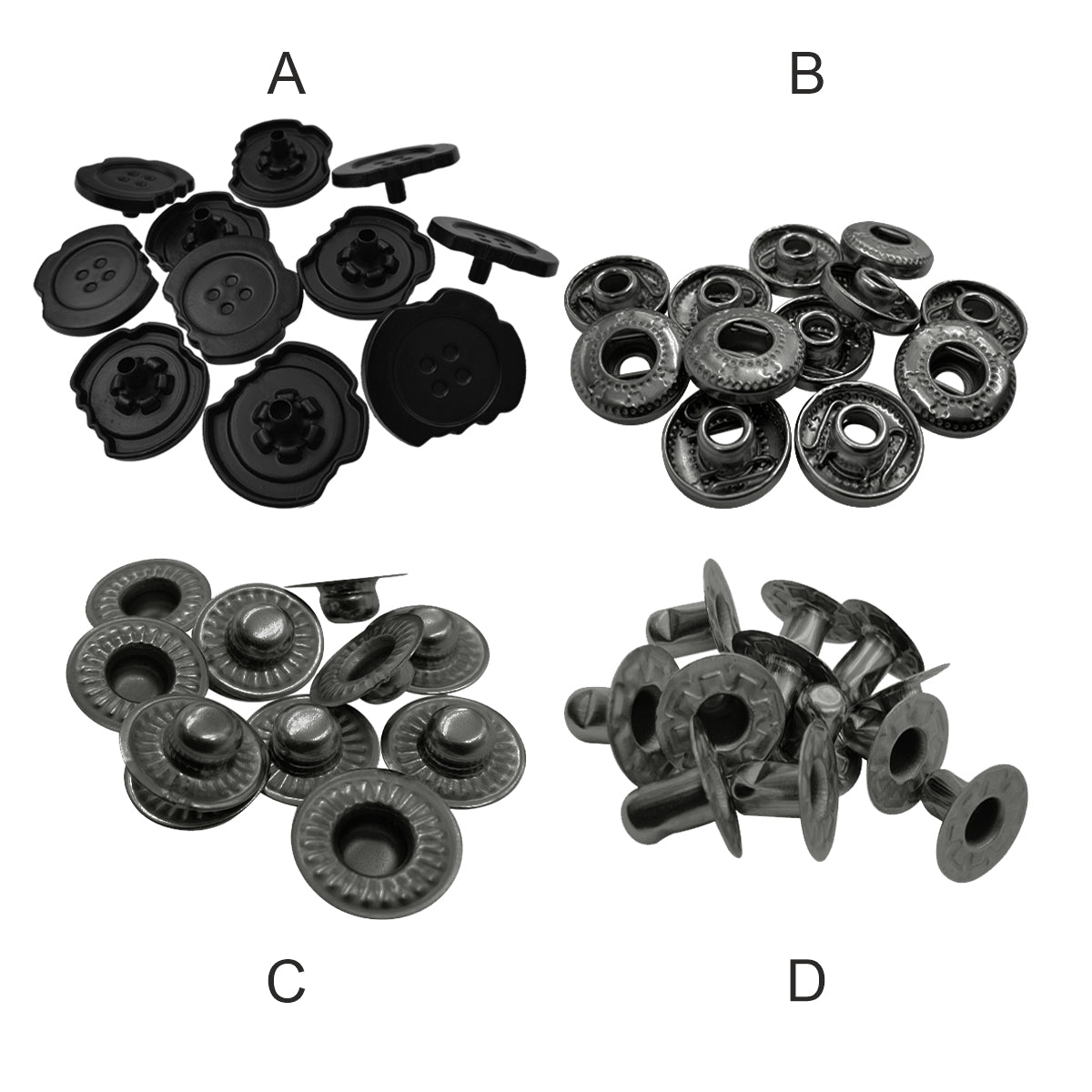 Black Designer Uneven 4-Part Metal Snap Button Fasteners for