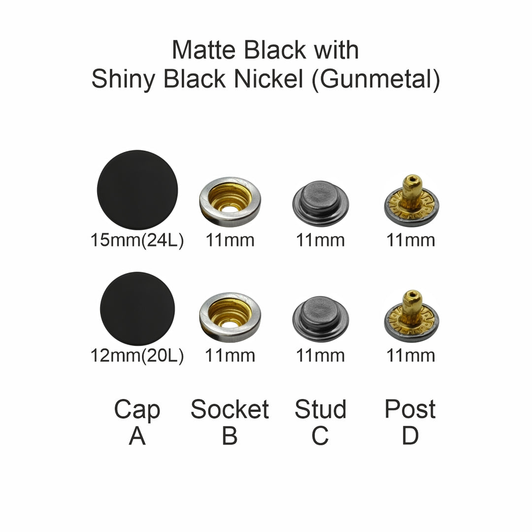 Matte Black 4-Part Press Snap Button Fasteners Set for Garments/Leather Accessories