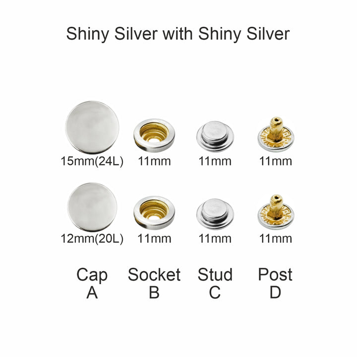 Shiny Silver 4-Part Press Snap Buttons Fasteners Set for Garments/Leather Accessories