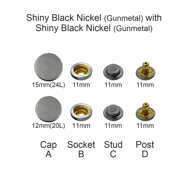 Gunmetal 4-Part Press Snap Buttons Fasteners Set for Garments/Leather Accessories