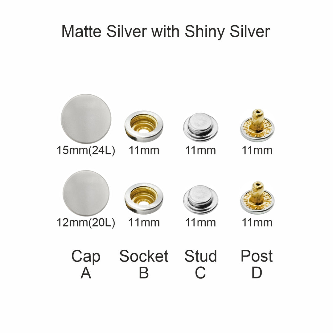 Matte Silver 4-Part Press Snap Button Fasteners Set for Garments/Leather Accessories