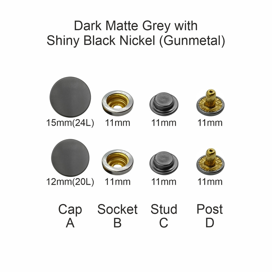 Matte Dark Grey 4-Part Press Snap Button Fasteners Set for Garments/Leather Accessories