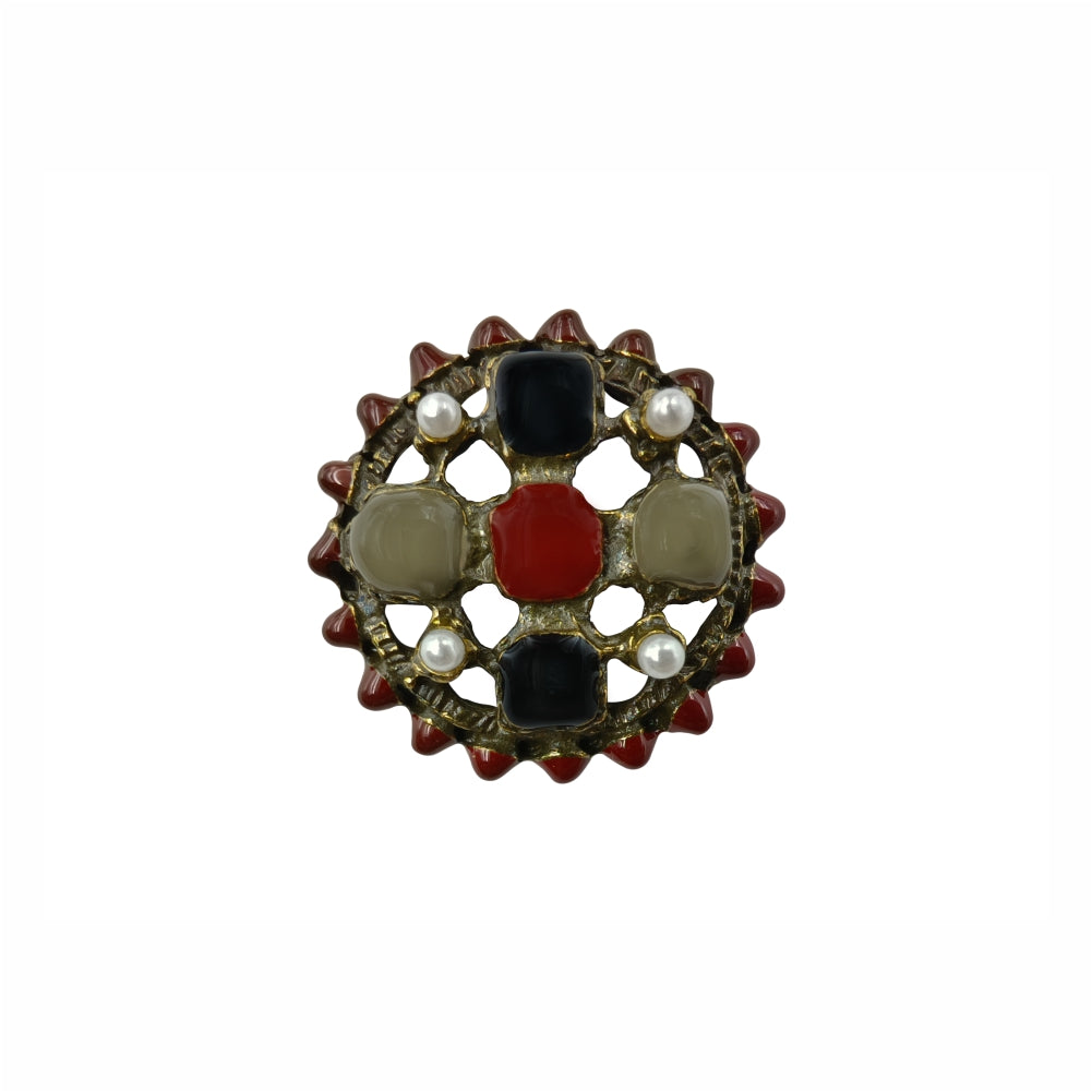 Ornate Vintage Style Antique Metal Button with Pearl and Multicolour Enamel Inlay