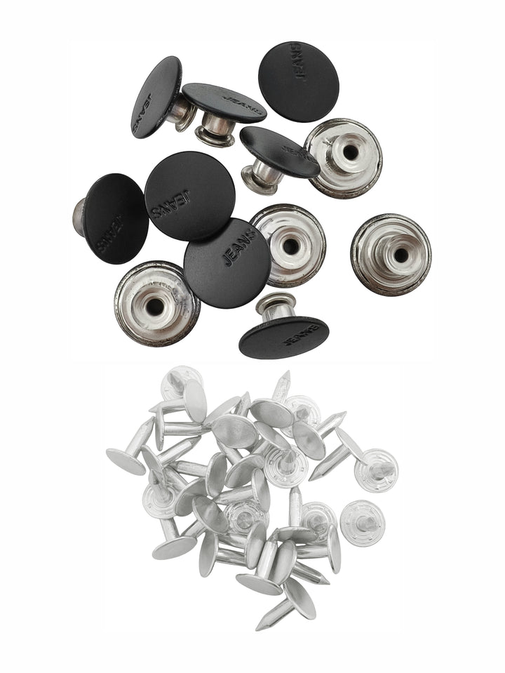 17mm matte black metal jeans button with embossed ‘JEANS’ design and matching tack pin for denim, jackets, skirts, and DIY clothing projects