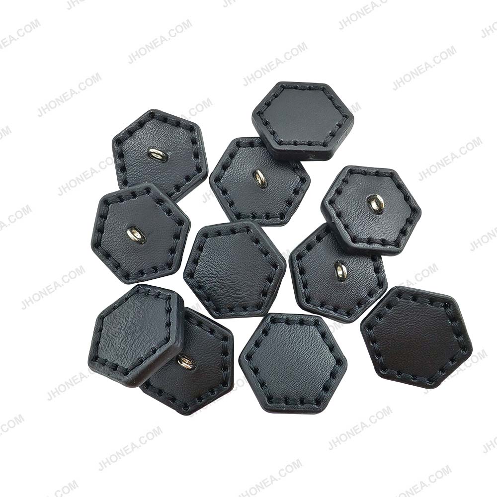 Trendy Stitched Black PU Leather Hexagon Down Loop Buttons