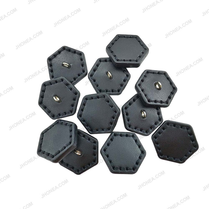 Trendy Stitched Black PU Leather Hexagon Down Loop Buttons