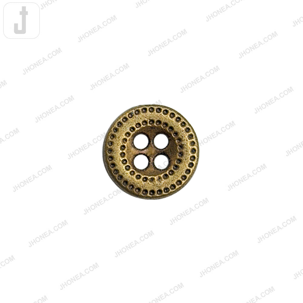 11mm decorative 4-hole round metal button with engraved edge in brass finish