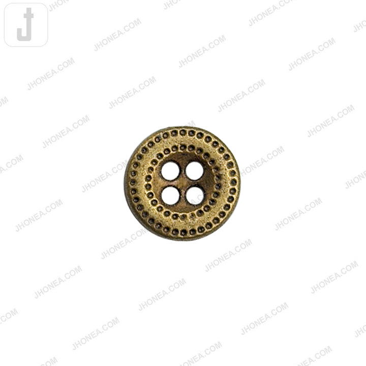11mm decorative 4-hole round metal button with engraved edge in brass finish