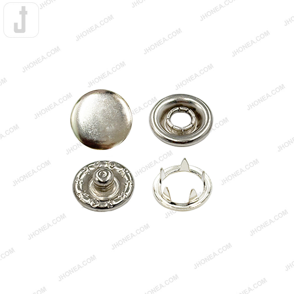 Round Flat Smooth Shiny Silver 4-Part Prong Snap Button