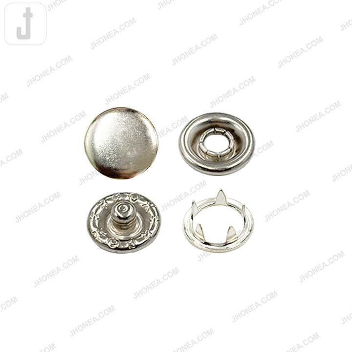 Round Flat Smooth Shiny Silver 4-Part Prong Snap Button