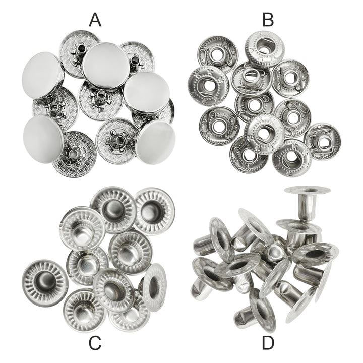 Silver 4-part metal snap button set with cap, socket, stud, and post for leather and fabric