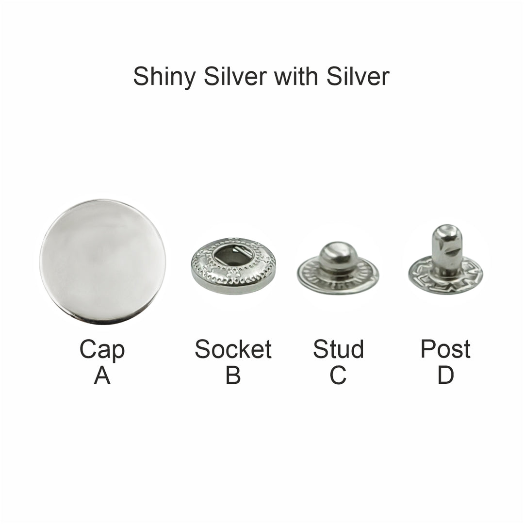 Shiny Silver 4-Part Metal Snap Buttons Standard Quality Fasteners for Shirts/Coats