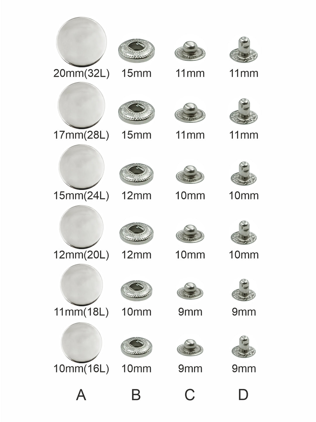Shiny Silver 4-Part Metal Snap Buttons Standard Quality Fasteners for Shirts/Coats