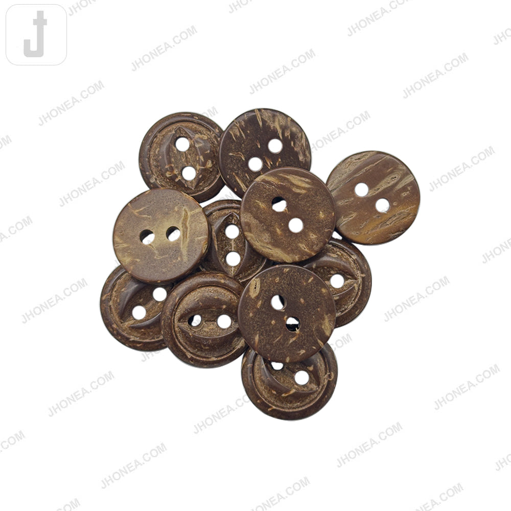 Decorative Round Coco Shell 2 Hole Button with Leaf Center Detail