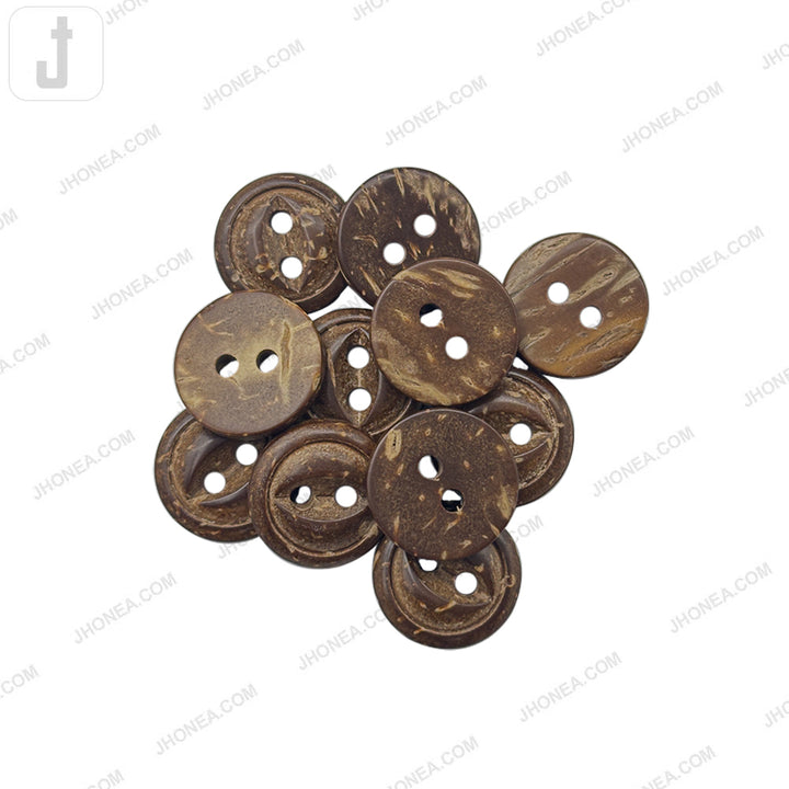 Decorative Round Coco Shell 2 Hole Button with Leaf Center Detail