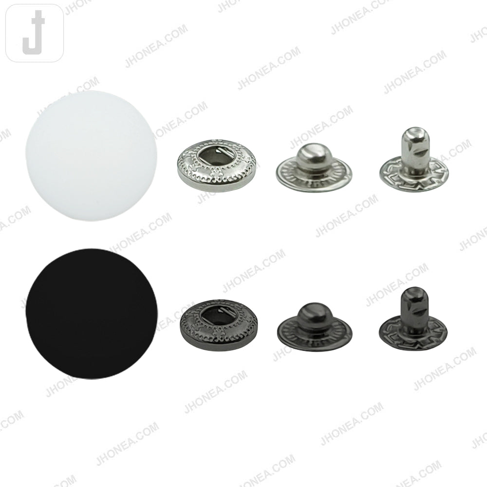 Smooth round plastic 4-part snap button fasteners in white with silver and black with gunmetal, available in 15mm and 17mm.