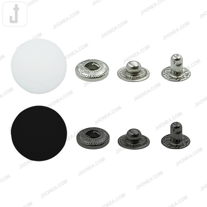 Smooth round plastic 4-part snap button fasteners in white with silver and black with gunmetal, available in 15mm and 17mm.