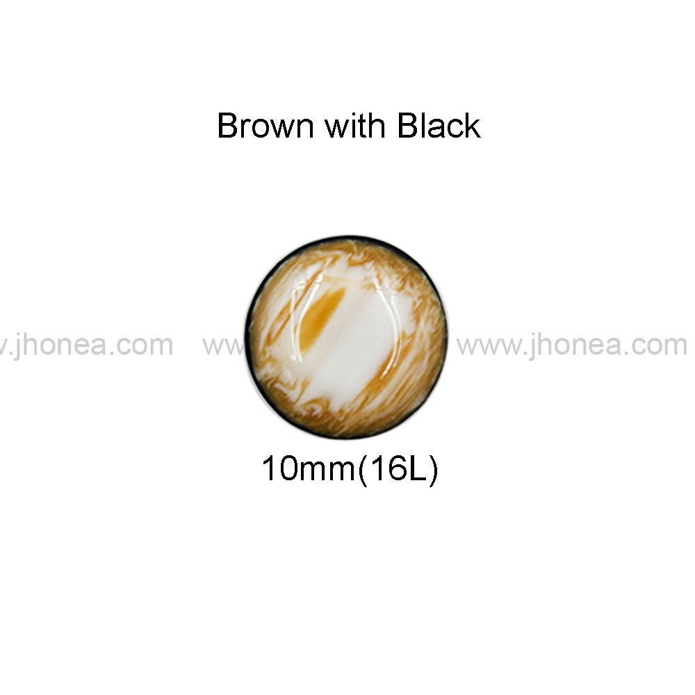 Striking Brown & White 10mm Round Polyester Button with Back Hole Shank