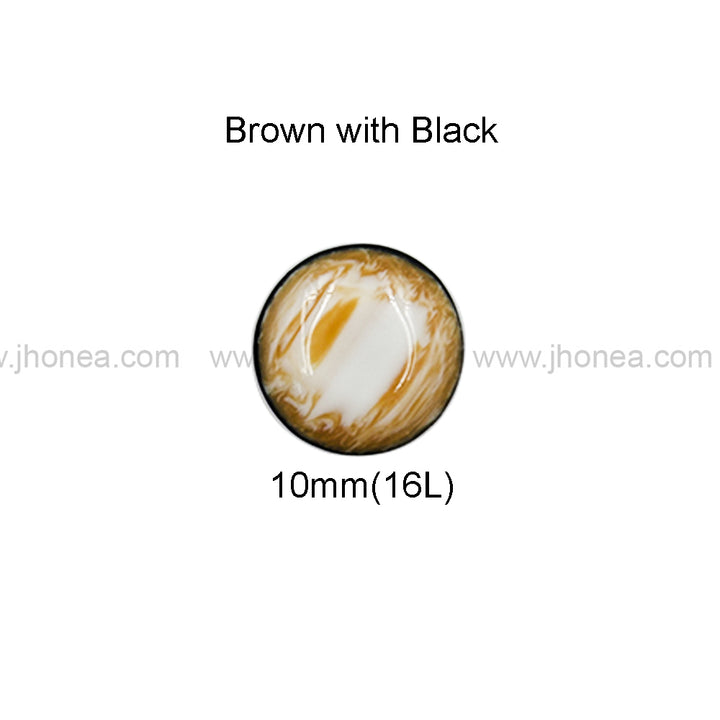 Striking Brown & White 10mm Round Polyester Button with Back Hole Shank