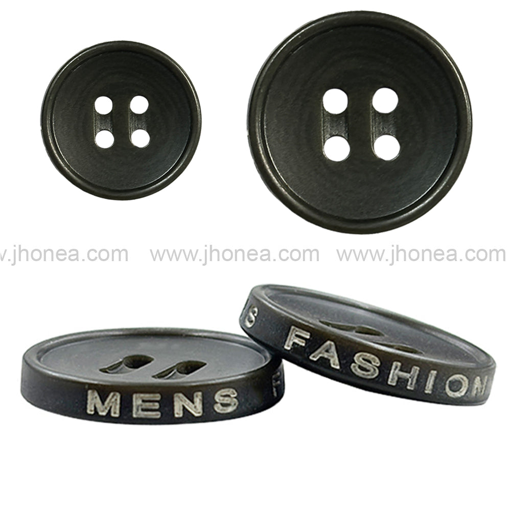 Olive Green 4-Hole Polyester Buttons with Engraved Mens Fashion Design