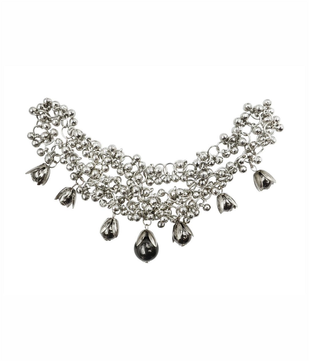 Elegant Silver Beaded Necklace with Hanging Bell Charms